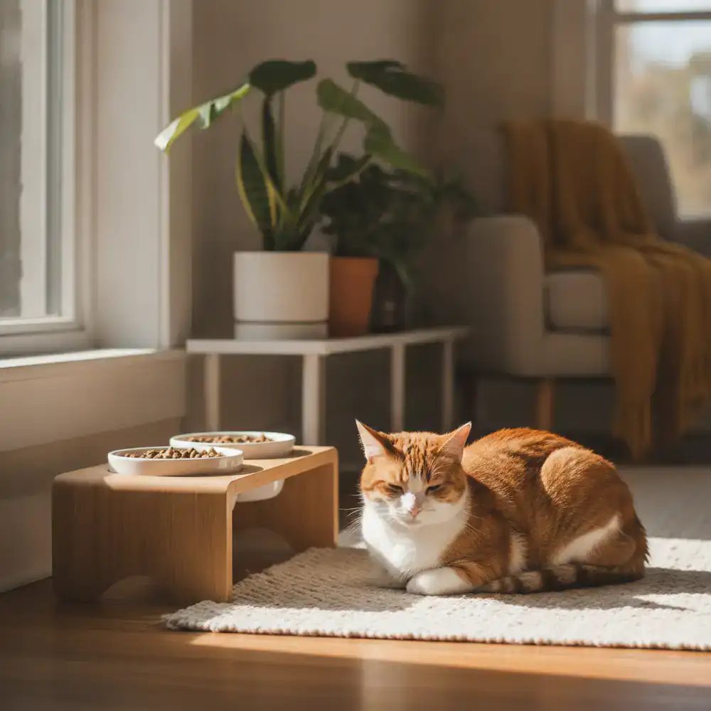 Gato de raza saludable descansando junto a un comedero en un entorno doméstico iluminado