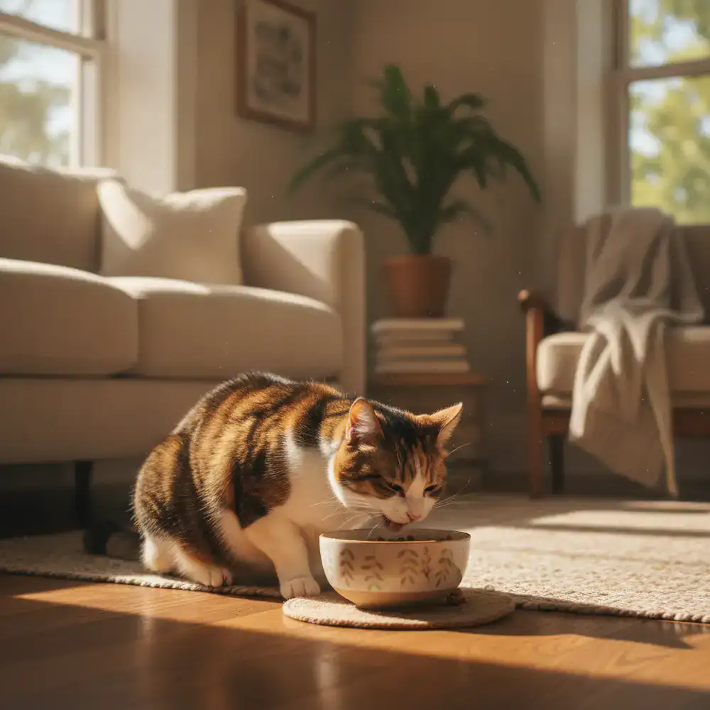 Gato sano comiendo en un hogar luminoso