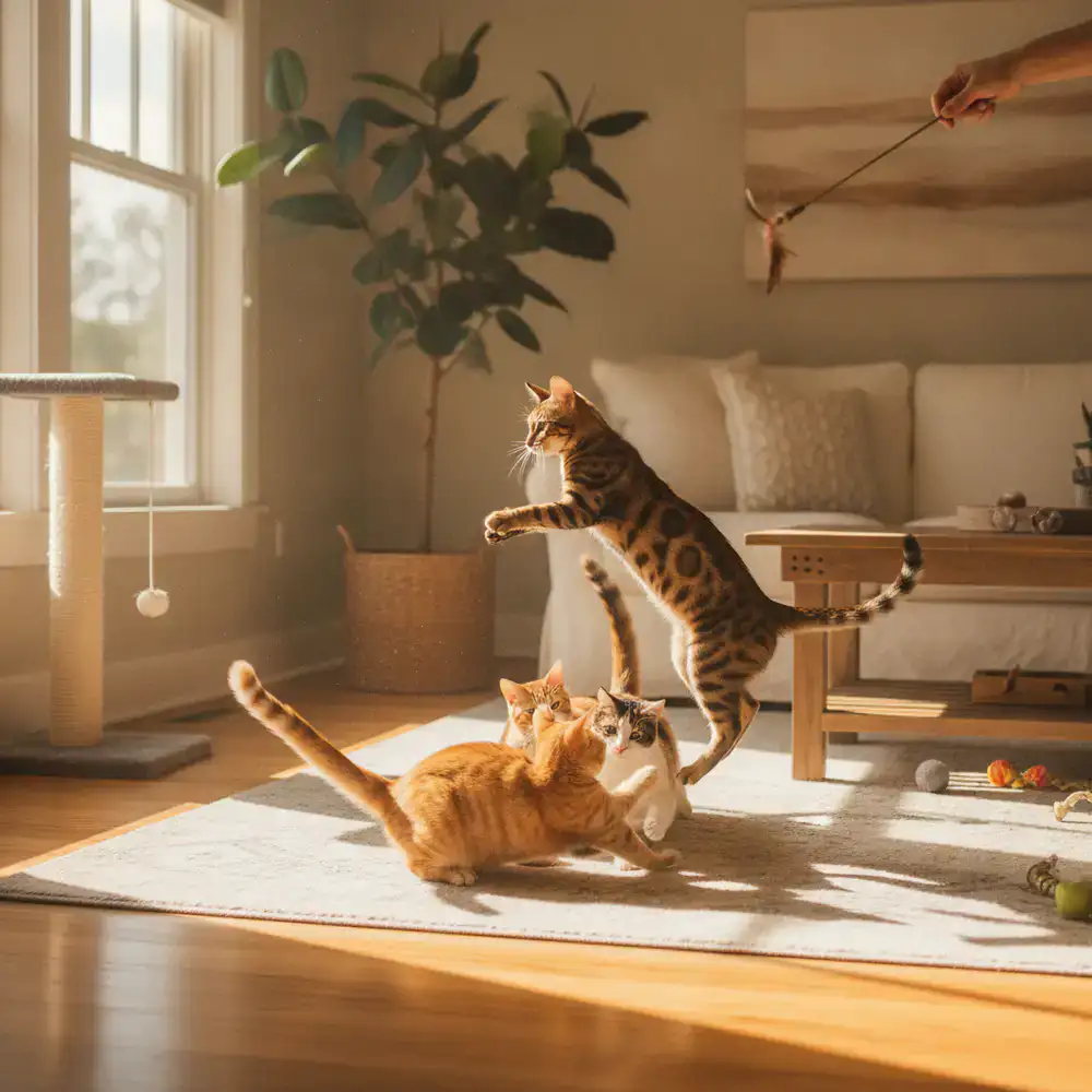 Gatos sanos y vitales jugando en un salón iluminado