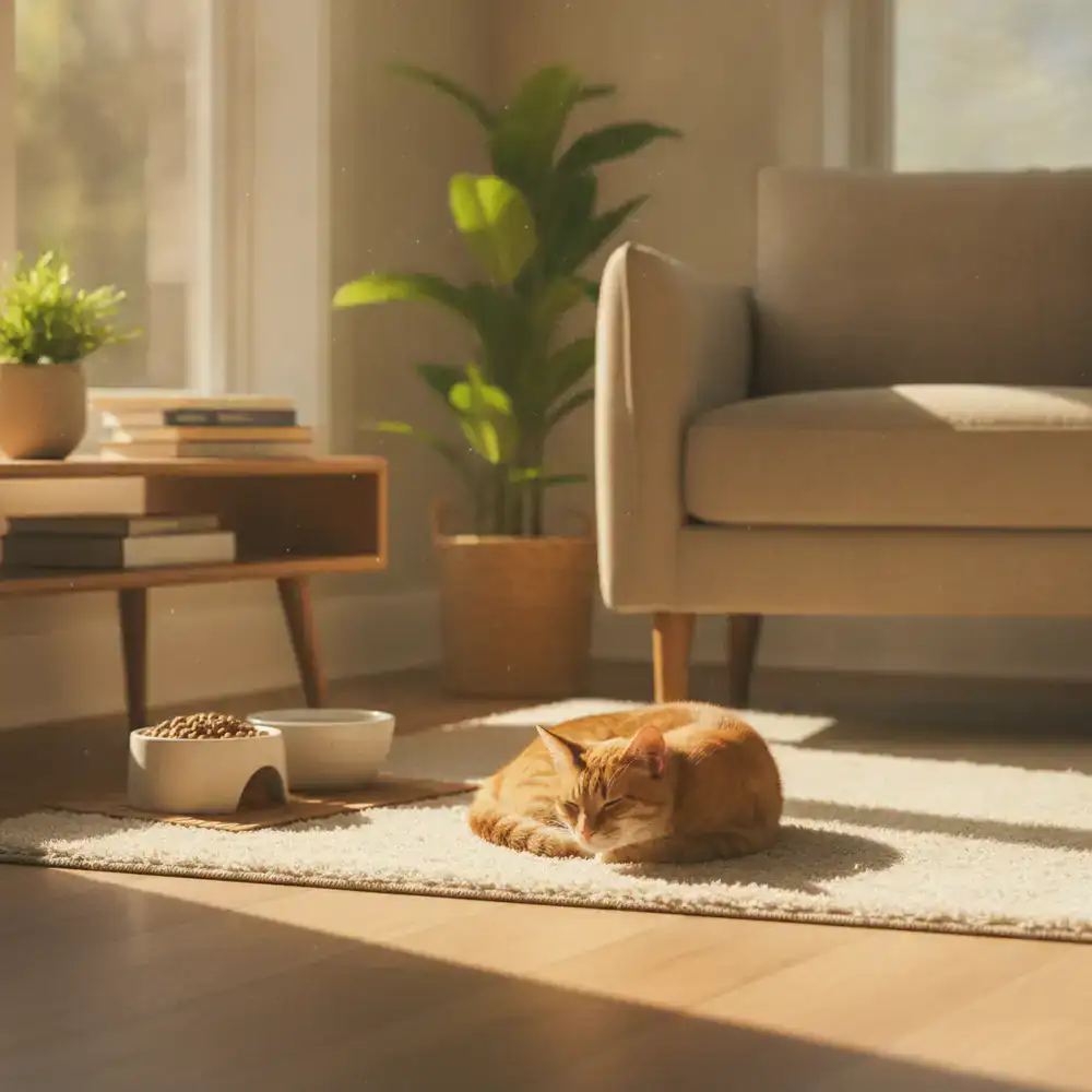 Gato sano descansando en un salón luminoso cerca de su comedero