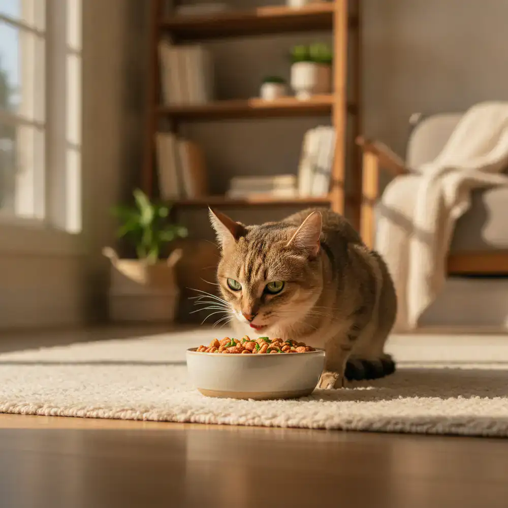 Gato saludable disfrutando de comida premium en un entorno hogareño luminoso