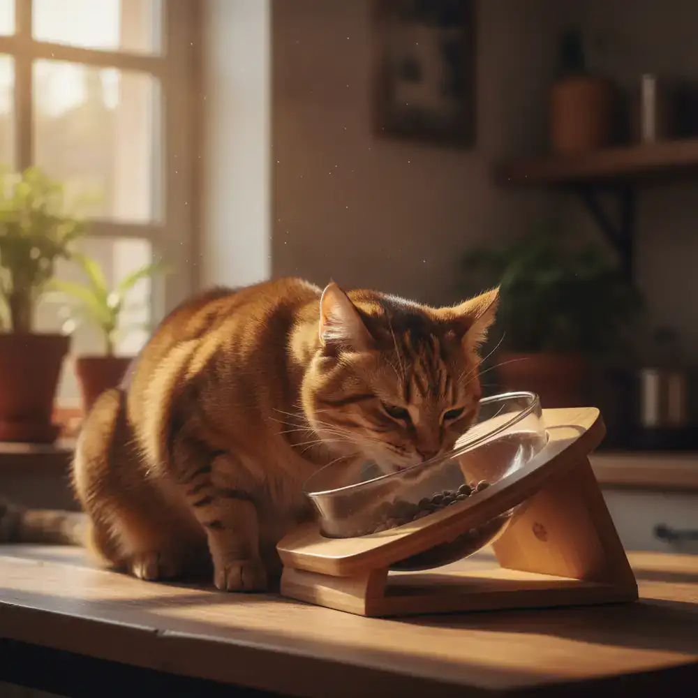 Gato de pelaje brillante comiendo de un comedero ergonómico